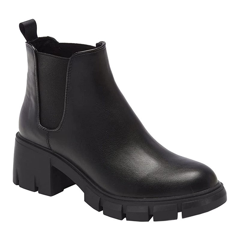 Womens Lug Sole Platform Ankle Booties Chelsea Slip on Chunky Block Heel Leather Combat Boots