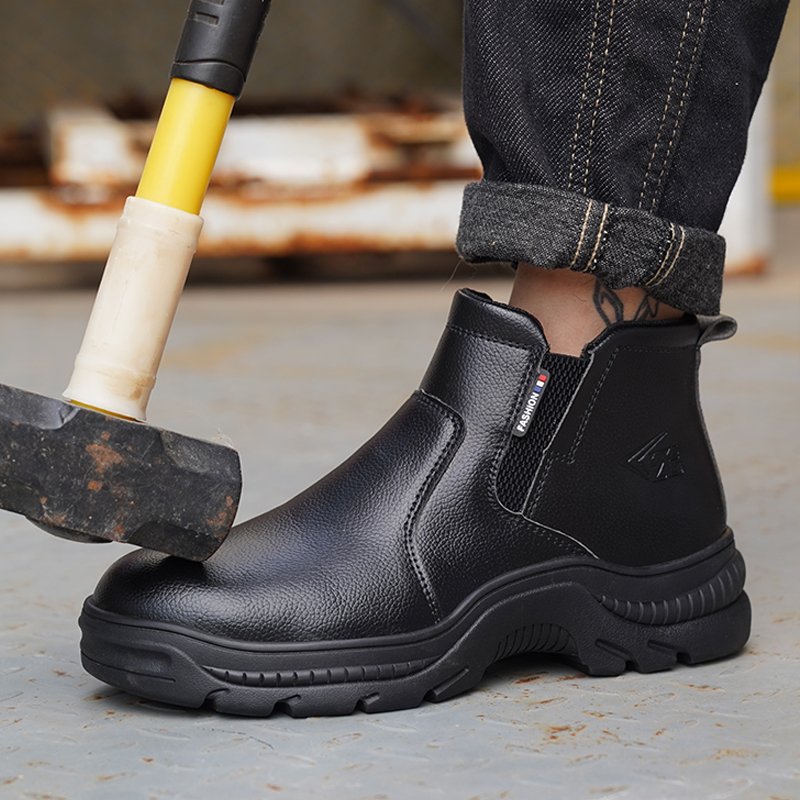 South africa no lace safety boot black , microfibre Leather Safety Boots with rubber outsole