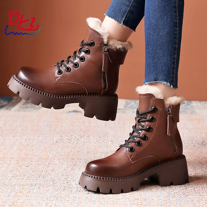 New Winter Plush And Thick Genuine Leather Snow Boots Thick Heels Short Casual Snow Boots For Women