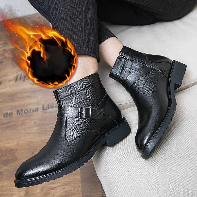 2024 autumn and winter new casual Martin boots men's plush keep warm business men's short leather boots chaussures hommes