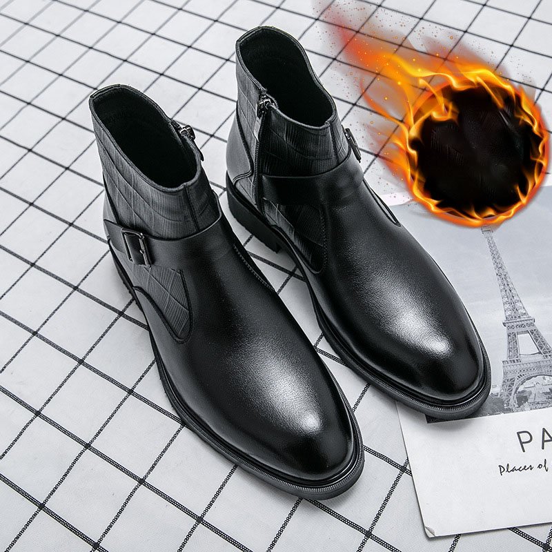 2024 autumn and winter new casual Martin boots men's plush keep warm business men's short leather boots chaussures hommes