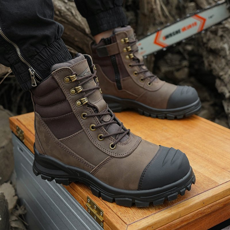 Crazy Horse Lace Up with Zip Safety Boot,Industrial Construction Work crazy horse Leather Steel Toe Safety Boot Brown