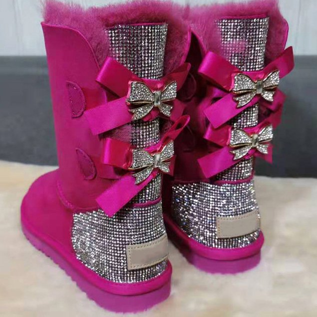 Wholesale snow boots Fashion Ladies Sheepskin Kids Women Winter Snow Ribbon Fur Boots With Bows Anti-skid Sheepskin Snow Boots