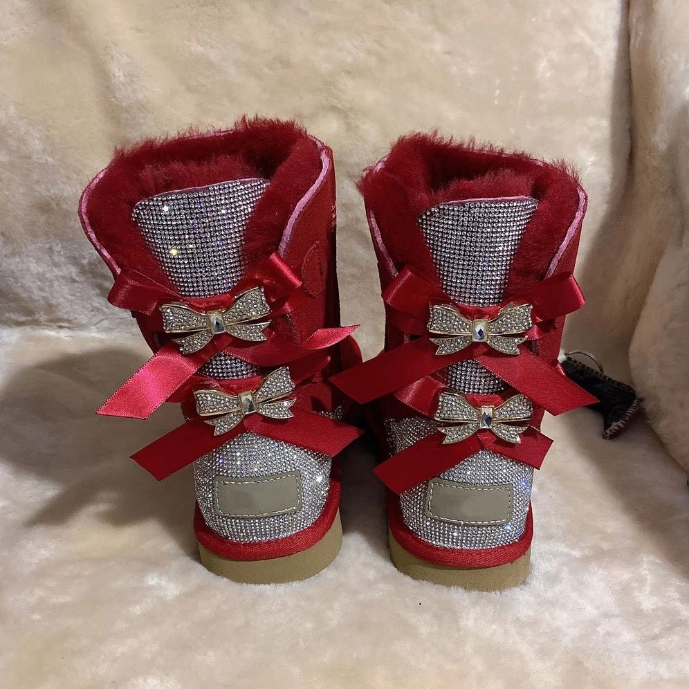 Wholesale snow boots Fashion Ladies Sheepskin Kids Women Winter Snow Ribbon Fur Boots With Bows Anti-skid Sheepskin Snow Boots