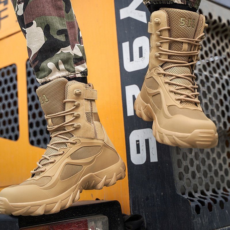 Men's Tactical Summer Combat Boots Breathable Mesh and Suede Upper round Toe Desert Boot for Climbing Ankle Hunting