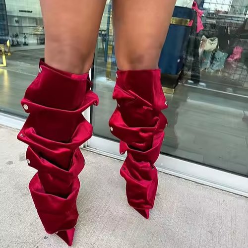 BUSY GIRL MY4399 New blue red velvet print camo knee high boots metal buckle removable pointed toe high heels shoes women boots