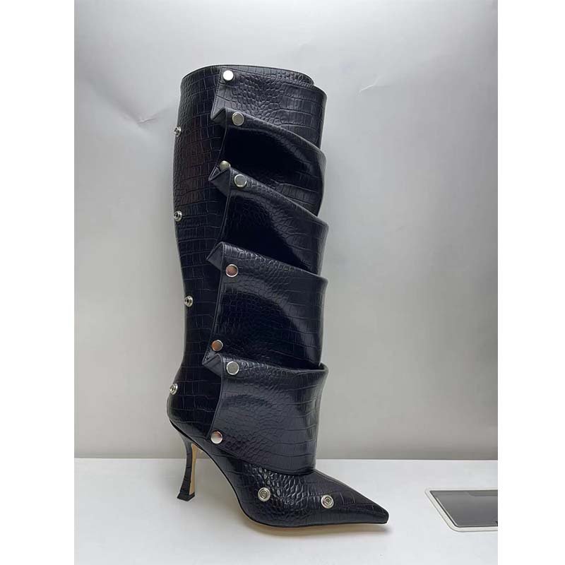 BUSY GIRL MY4399 New blue red velvet print camo knee high boots metal buckle removable pointed toe high heels shoes women boots
