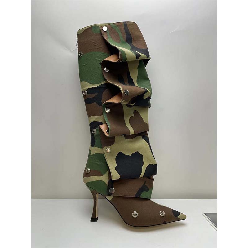 BUSY GIRL MY4399 New blue red velvet print camo knee high boots metal buckle removable pointed toe high heels shoes women boots