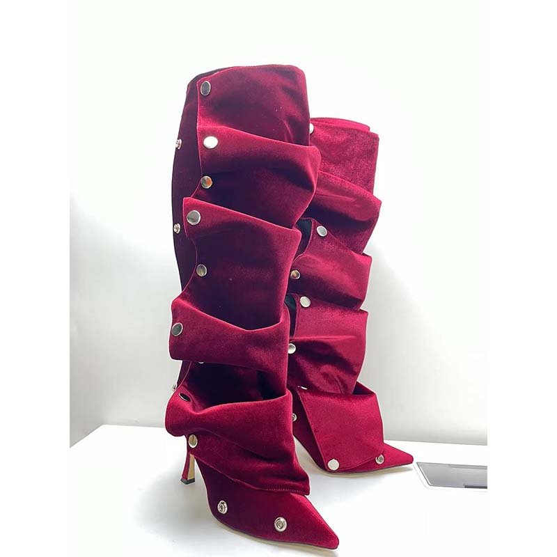 BUSY GIRL MY4399 New blue red velvet print camo knee high boots metal buckle removable pointed toe high heels shoes women boots