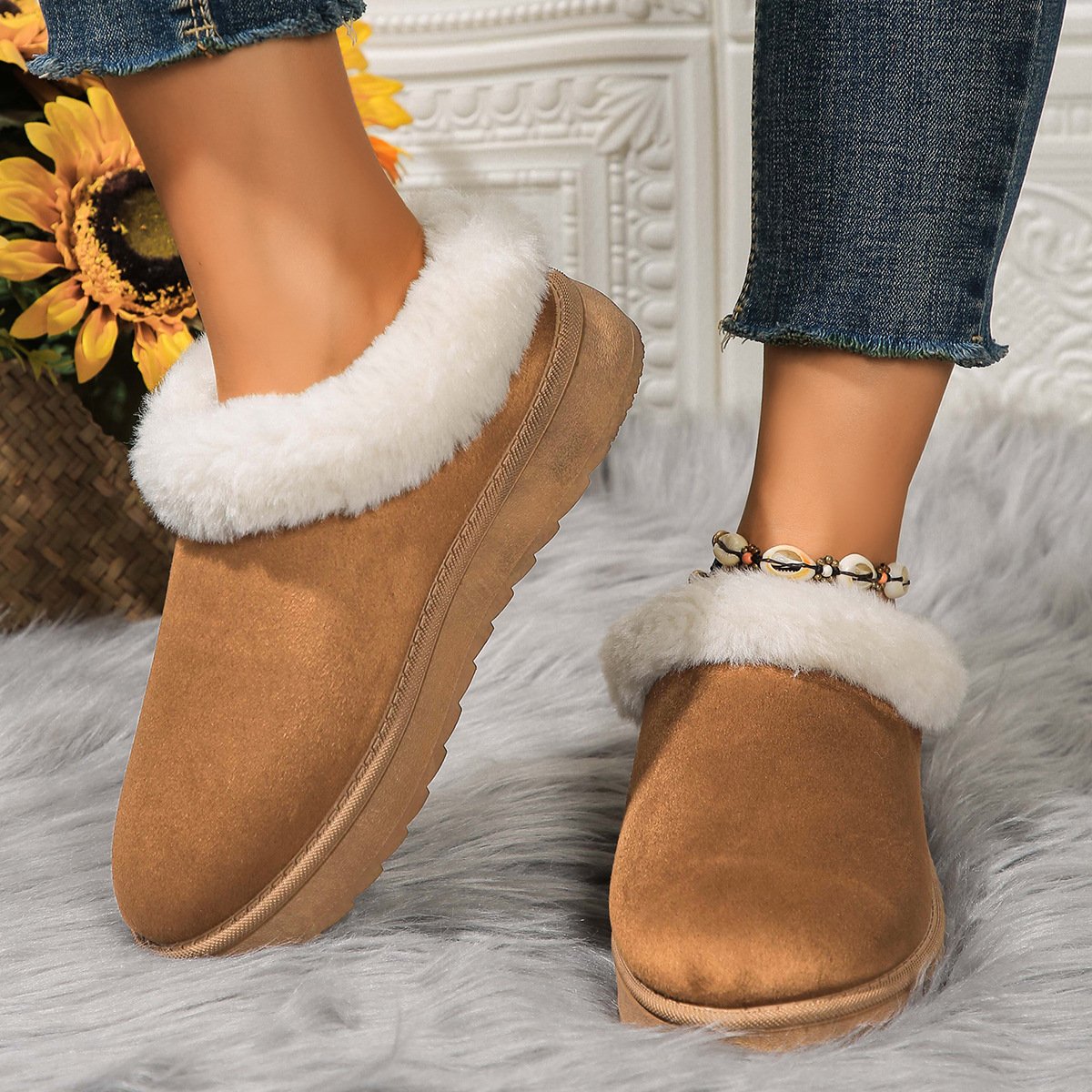 Women's Mid Calf Suede Leather Ankle Boots Winter Warm Fur Lining with round Toe Anti-Slip Feature Short Fashion Snow Boots