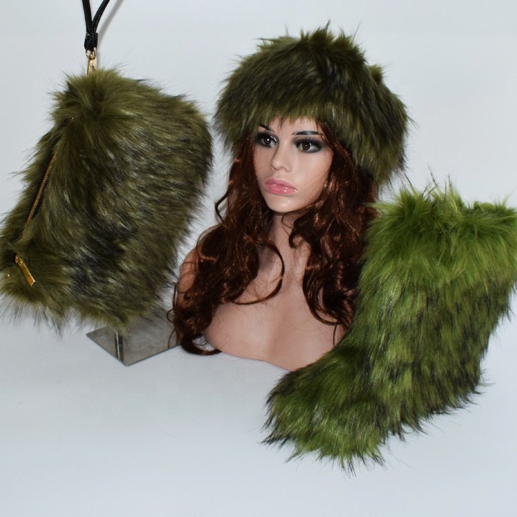 Green Colors Plush Fur Bags Fashion Girls Fur Head Wrap Bands Winter Faux Fox Fur Snow Boots