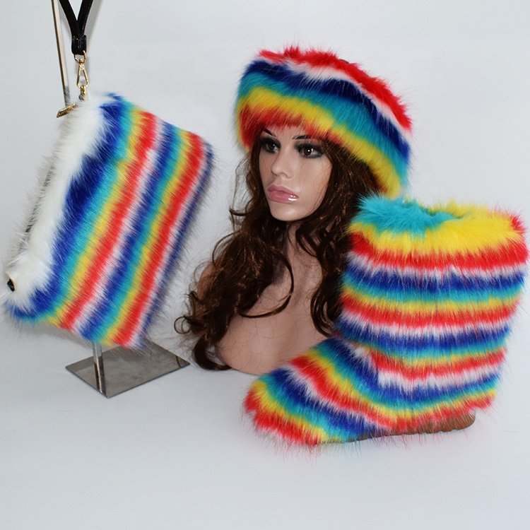 Green Colors Plush Fur Bags Fashion Girls Fur Head Wrap Bands Winter Faux Fox Fur Snow Boots
