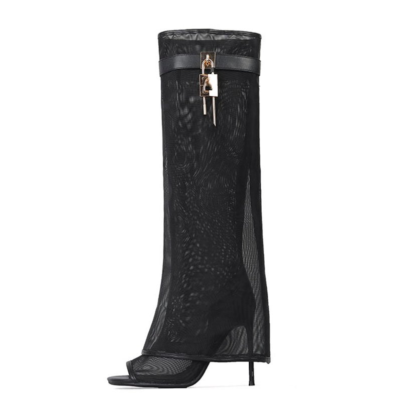 Fishnet Overlay Knee High Boots Women Mesh Pants High Heels Stiletto Metal Shark Lock Summer Shoes Peep Toe Sandals