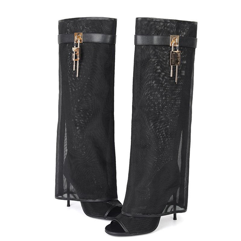 Fishnet Overlay Knee High Boots Women Mesh Pants High Heels Stiletto Metal Shark Lock Summer Shoes Peep Toe Sandals