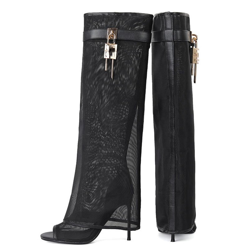 Fishnet Overlay Knee High Boots Women Mesh Pants High Heels Stiletto Metal Shark Lock Summer Shoes Peep Toe Sandals