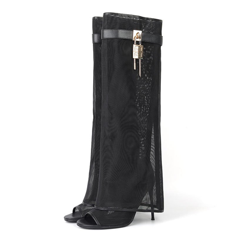 Fishnet Overlay Knee High Boots Women Mesh Pants High Heels Stiletto Metal Shark Lock Summer Shoes Peep Toe Sandals