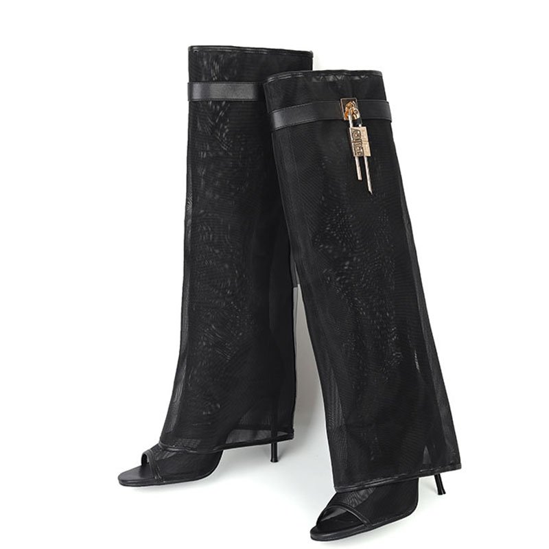 Fishnet Overlay Knee High Boots Women Mesh Pants High Heels Stiletto Metal Shark Lock Summer Shoes Peep Toe Sandals