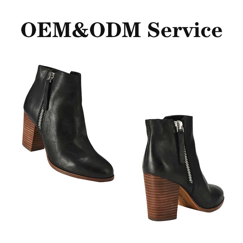 Wholesale Women Ankle High Heels Fashion Boots Black Winter Shoes ZIP COW Leather Custom Material Synthetic Leather for Women
