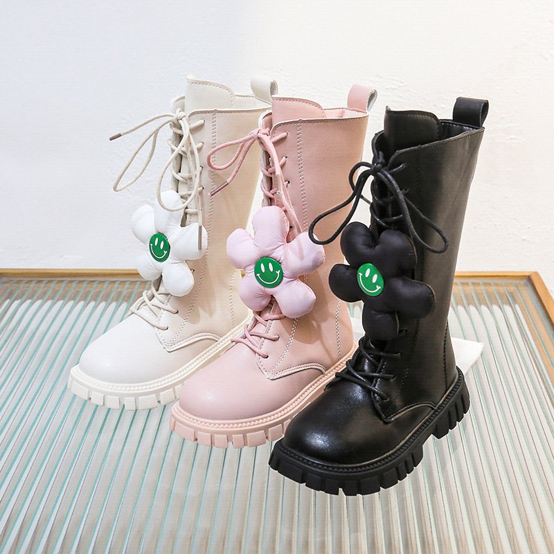 Non Slip Kids Knee High Shoes Design Flower Smiling face Girls Princess Boots Solid PU Leather Zip Children Fashion Boots