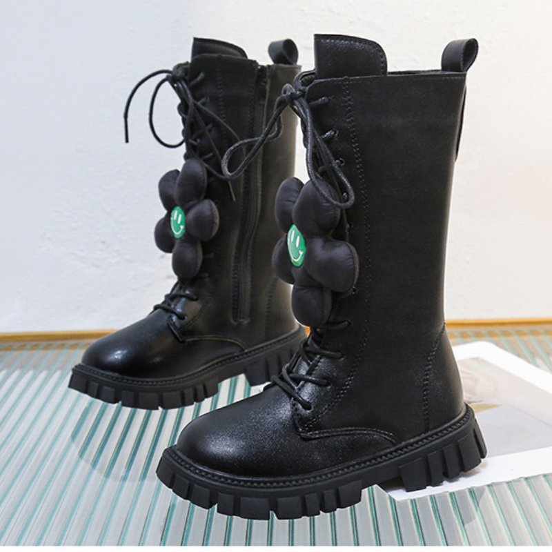 Non Slip Kids Knee High Shoes Design Flower Smiling face Girls Princess Boots Solid PU Leather Zip Children Fashion Boots