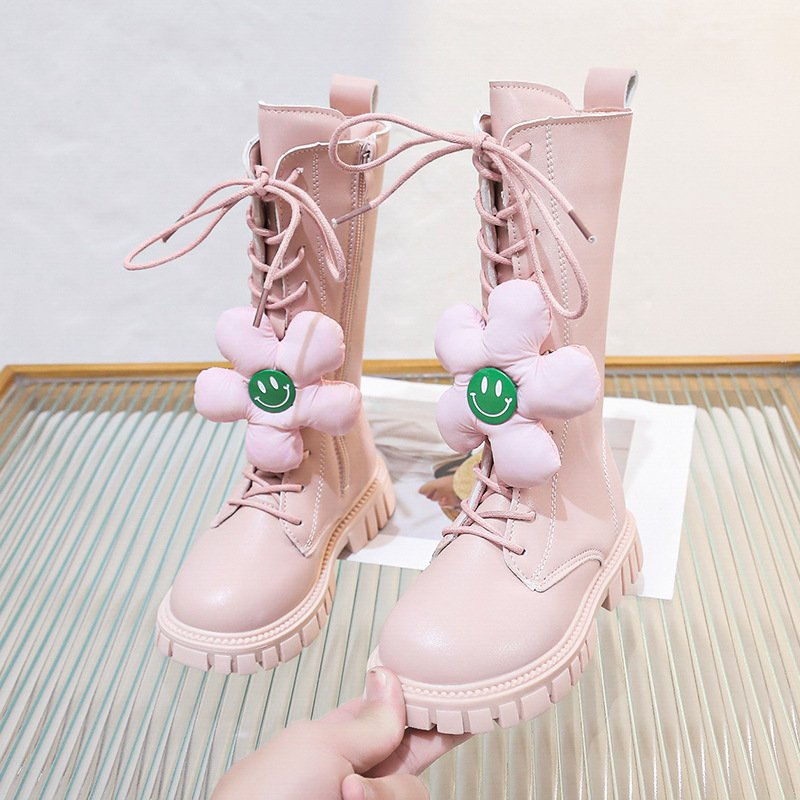 Non Slip Kids Knee High Shoes Design Flower Smiling face Girls Princess Boots Solid PU Leather Zip Children Fashion Boots