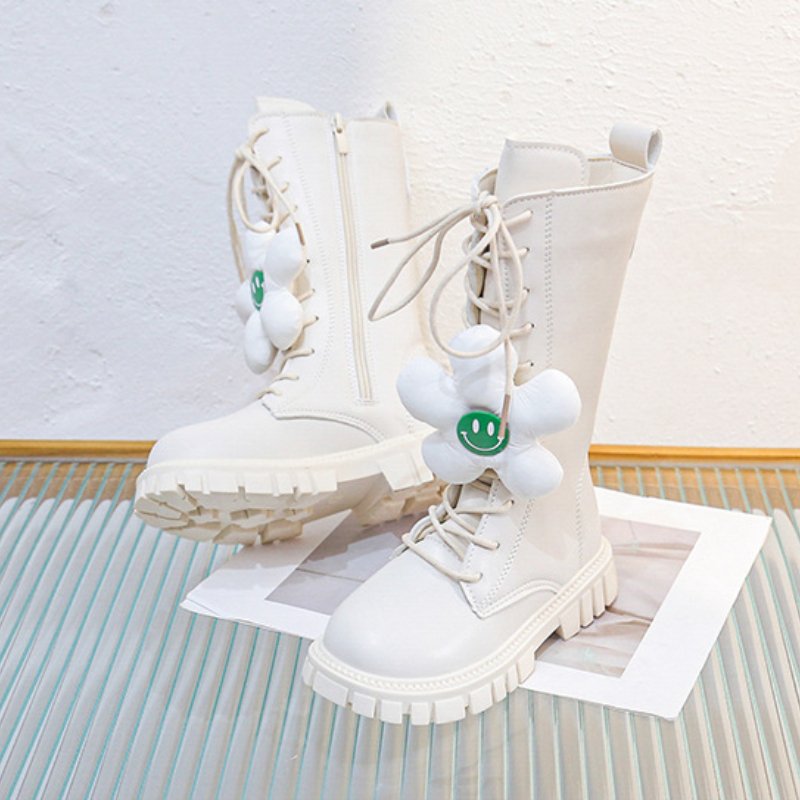 Non Slip Kids Knee High Shoes Design Flower Smiling face Girls Princess Boots Solid PU Leather Zip Children Fashion Boots
