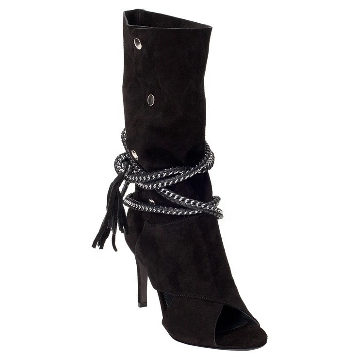 Custom made sexy cross suede ankle sandal boots chain lace up peep toe heel women sandal boots