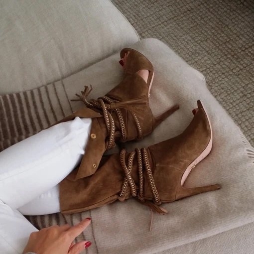 Custom made sexy cross suede ankle sandal boots chain lace up peep toe heel women sandal boots