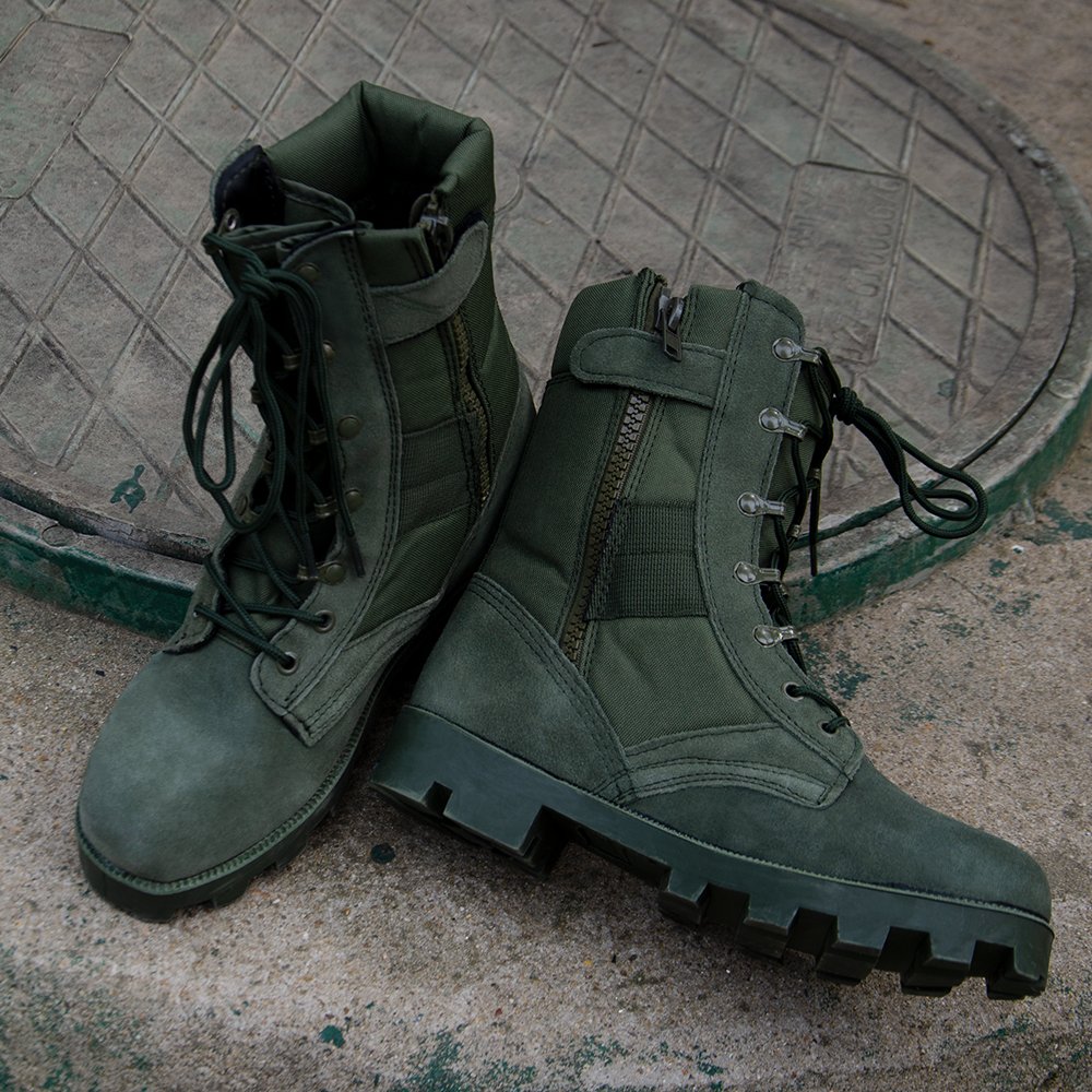 Green 9 Inch Rubber Genuine Leather Men Combat Boots