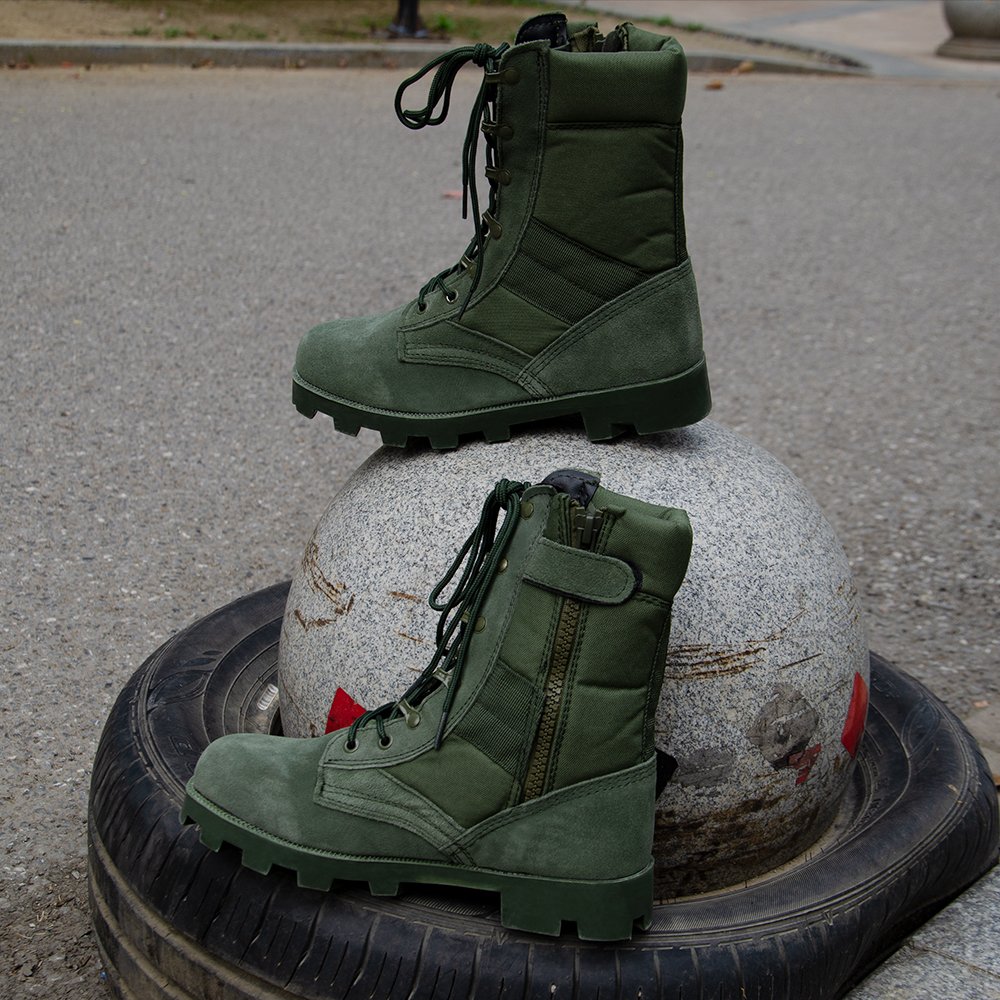 Green 9 Inch Rubber Genuine Leather Men Combat Boots