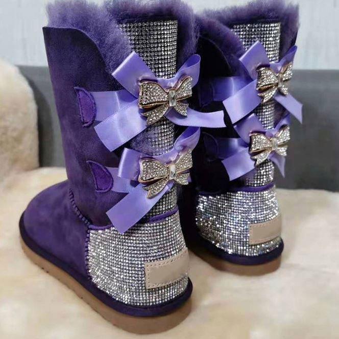 Wholesale Hot Selling Sheepskin Warm Women's Medium Boots Winter Lace-up Bow Wool Snow Boots