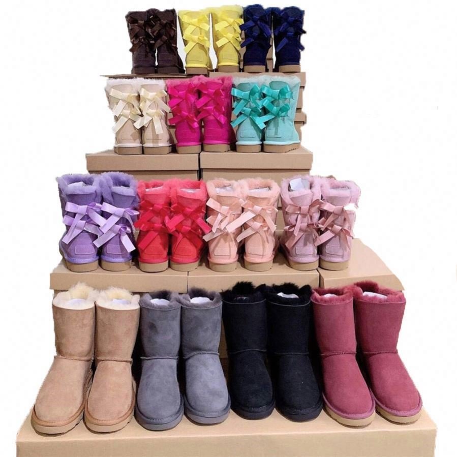 Wholesale Hot Selling Sheepskin Warm Women's Medium Boots Winter Lace-up Bow Wool Snow Boots