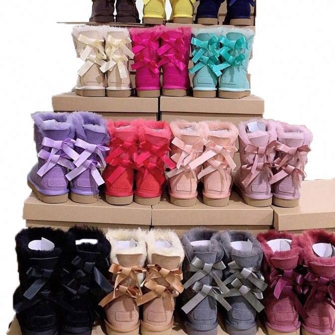 Wholesale Hot Selling Sheepskin Warm Women's Medium Boots Winter Lace-up Bow Wool Snow Boots