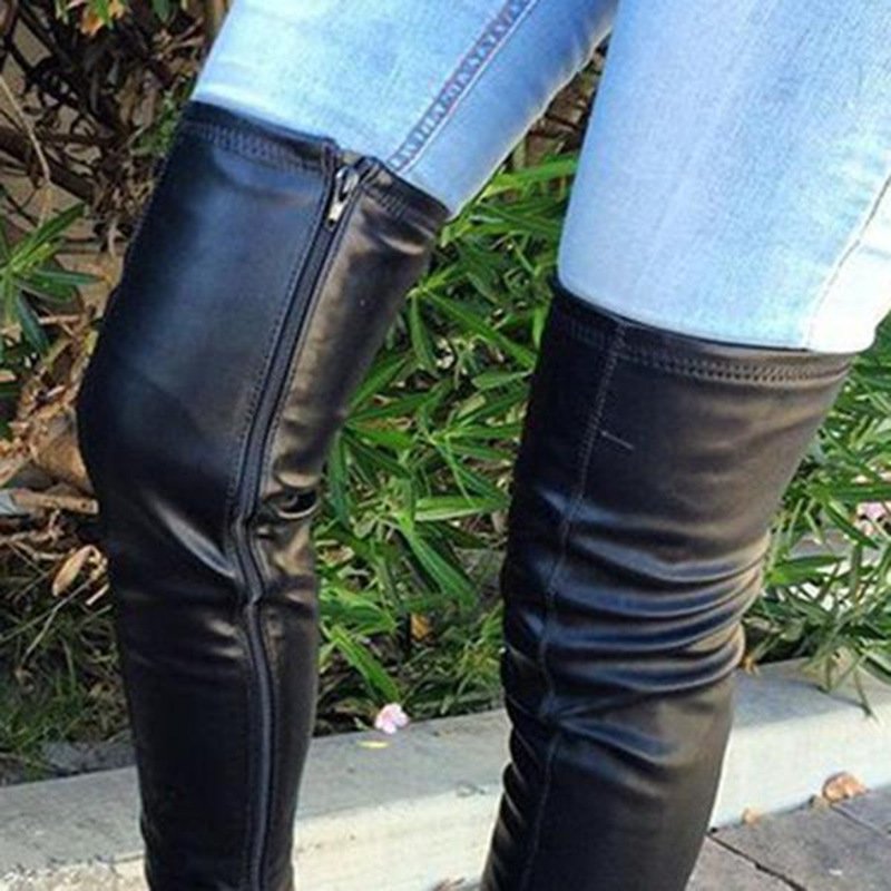 BUSY GIRL MF2111 Women's flat leather thigh high black rubber boots with zipper plus size knee high boots