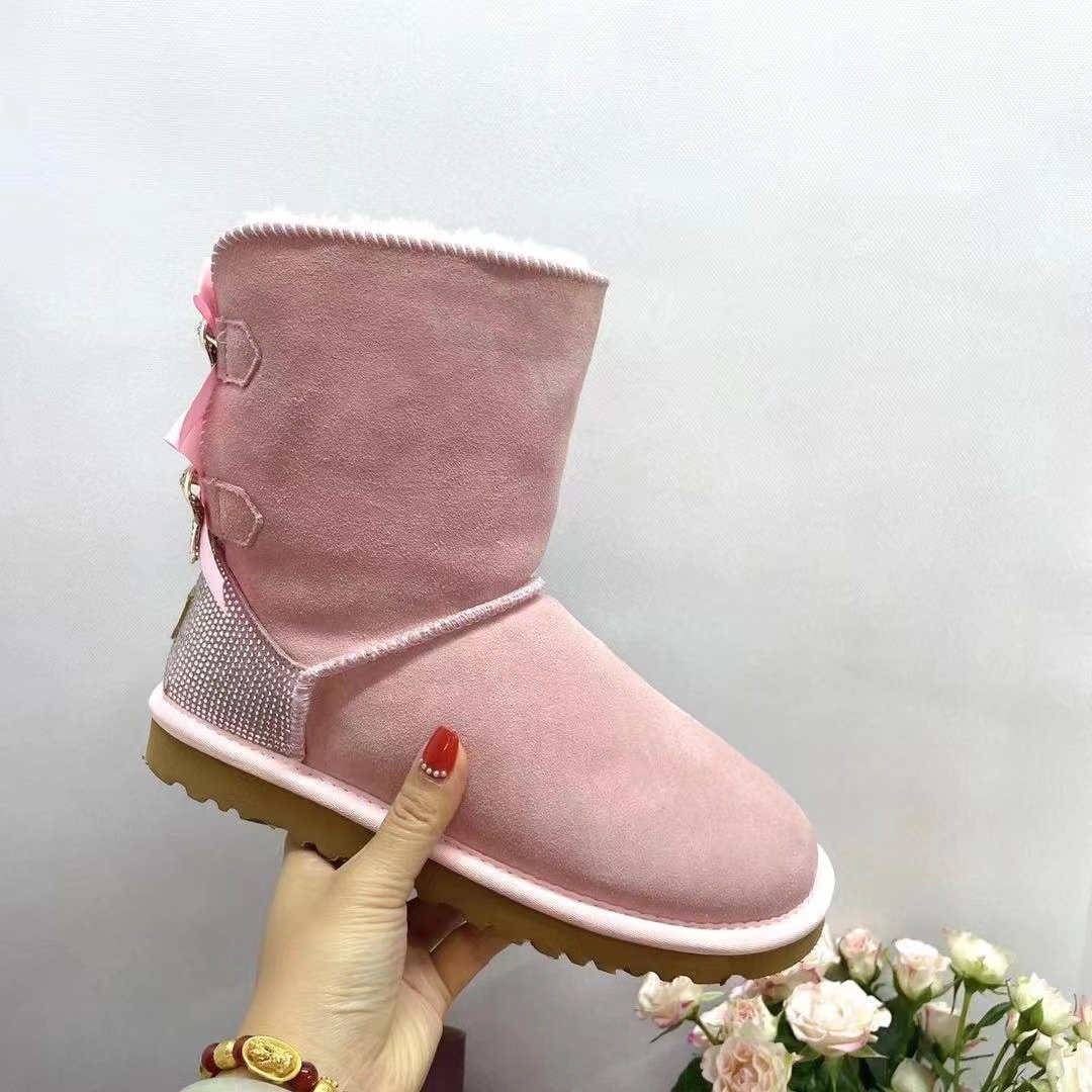 High Quality Wholesale Fashion Bows Rhinestones Bling Bling Fur One Winter Fur Snow Boots For Women