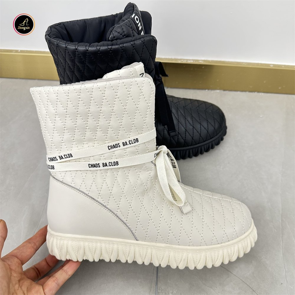 Custom Logo Custom Fashion Anti-slip Lace Up Genuine Leather Fabric Ladies Snow Boots Women Winter Boots For Women