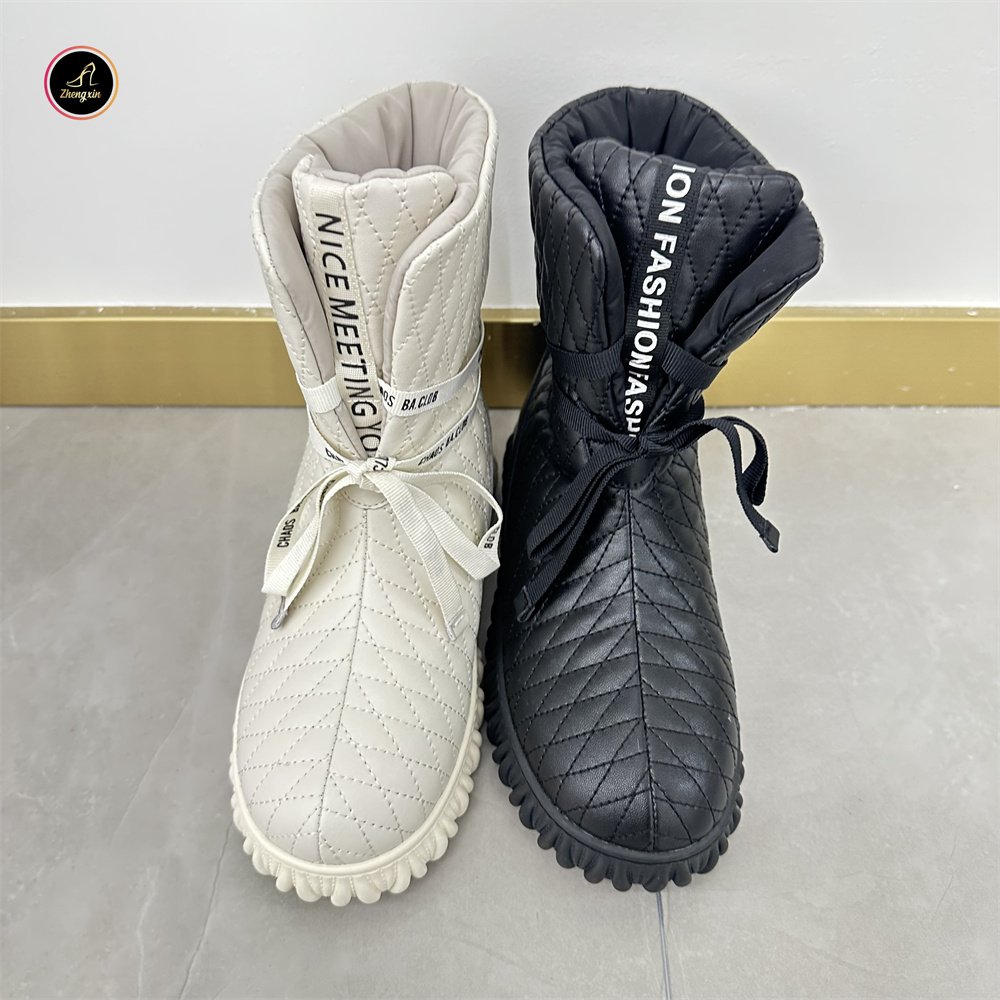 Custom Logo Custom Fashion Anti-slip Lace Up Genuine Leather Fabric Ladies Snow Boots Women Winter Boots For Women