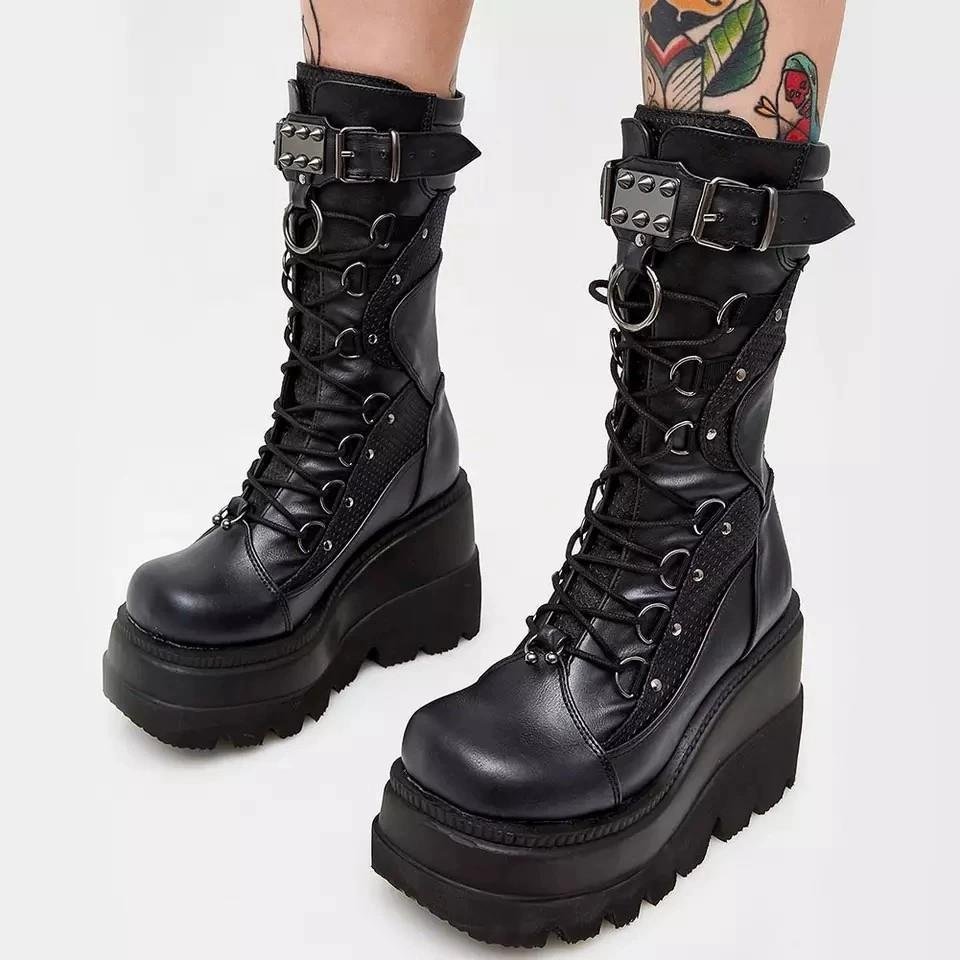New High Heel Wedge Knight Boots Women's Large Punk Style Handsome Thick Sole Mid length Boots Women's