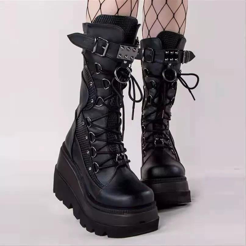 New High Heel Wedge Knight Boots Women's Large Punk Style Handsome Thick Sole Mid length Boots Women's