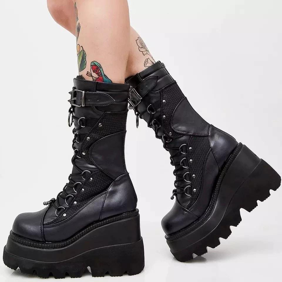New High Heel Wedge Knight Boots Women's Large Punk Style Handsome Thick Sole Mid length Boots Women's