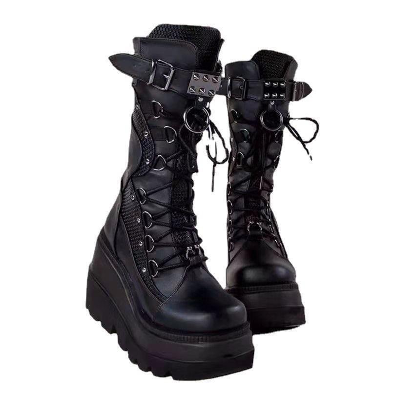 New High Heel Wedge Knight Boots Women's Large Punk Style Handsome Thick Sole Mid length Boots Women's
