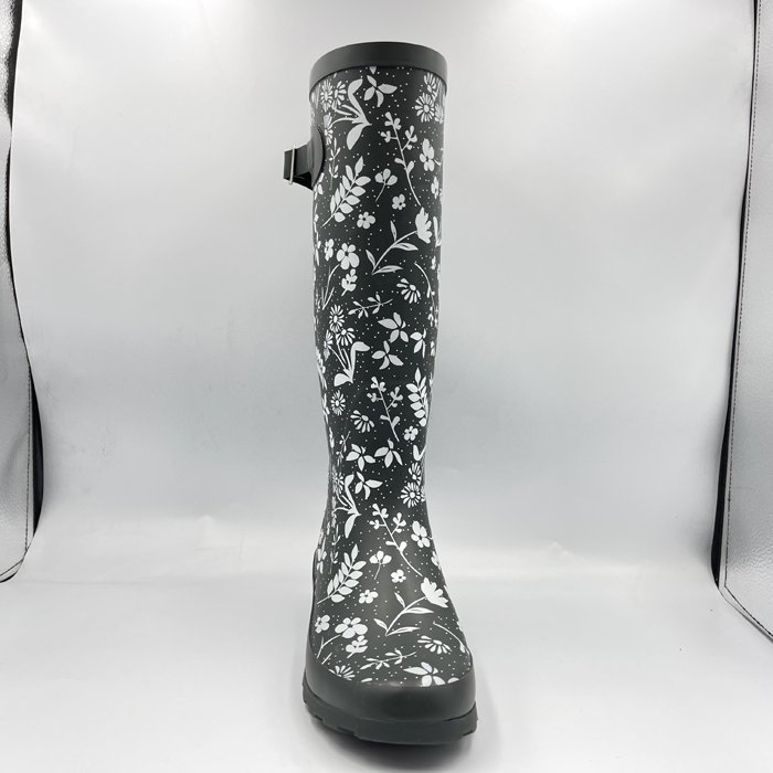high quality customized ladies sizes black upper custom printing womens rubber rain boots with buckle