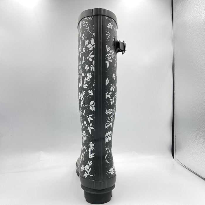 high quality customized ladies sizes black upper custom printing womens rubber rain boots with buckle