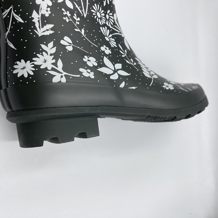 high quality customized ladies sizes black upper custom printing womens rubber rain boots with buckle