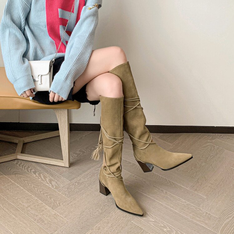 Cialisa Khaki Suede Genuine Leather Autumn Winter Women Shoes Fashion Block High Heels Western Long Knee-High Boots