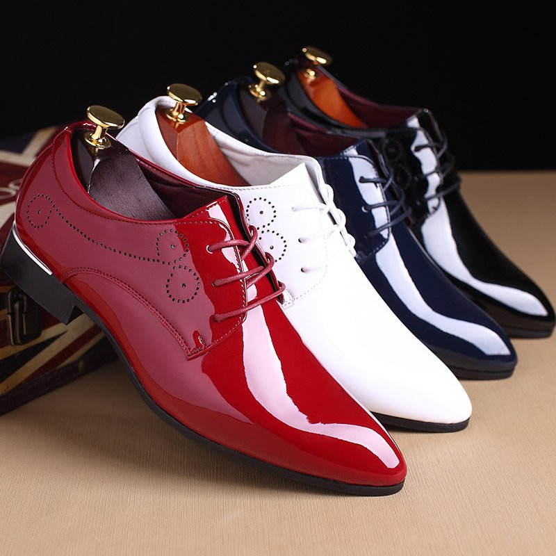 New Fashion Men's Leather Pointed Toe Business Shoes Leather Wedding Shoes Bright Lace Up Casual Shoes Plus Size 37-48