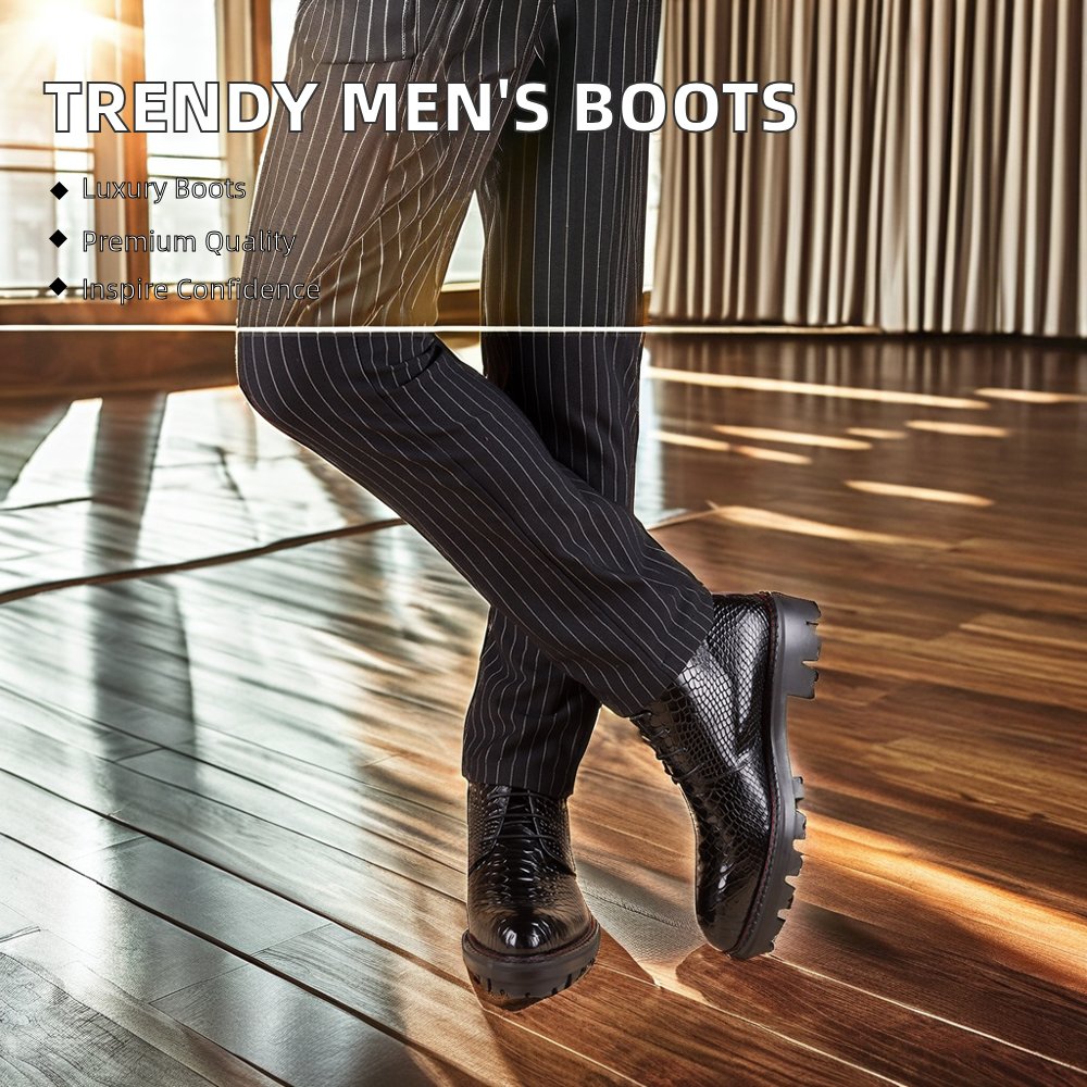 High Quality Men's Crocodile Leather Martin Boots Waterproof Lace-Up Thick Bottom Shoes for Winter Trendy Wholesale Design