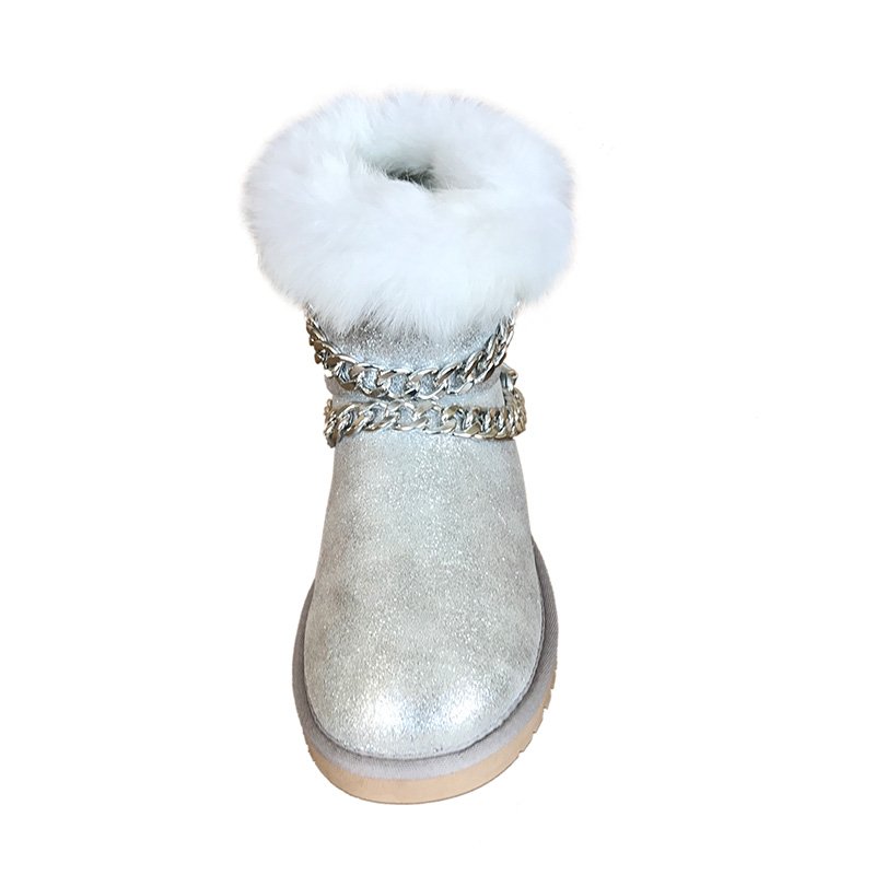 Hot sale women fashion metal chain decoration fake fur ladies winter snow ankle outdoor boots