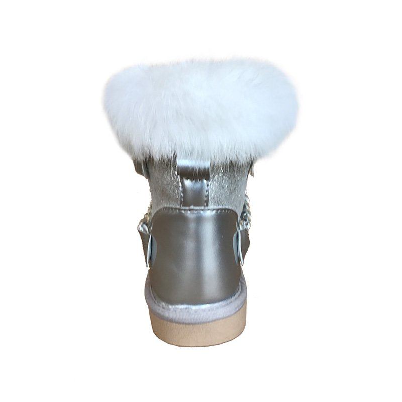 Hot sale women fashion metal chain decoration fake fur ladies winter snow ankle outdoor boots