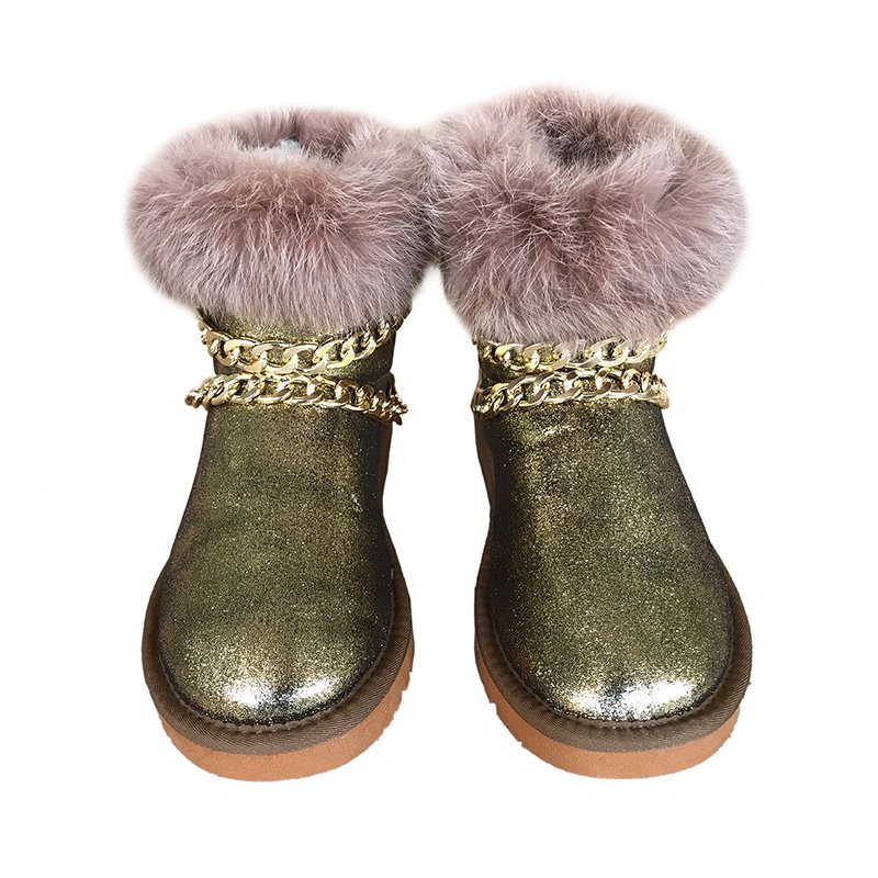 Hot sale women fashion metal chain decoration fake fur ladies winter snow ankle outdoor boots